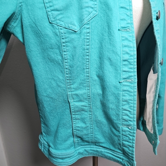 Tribal Jeans Teal Stretchy Jean Jacket Brushed Silver Buttons - Picture 6 of 11